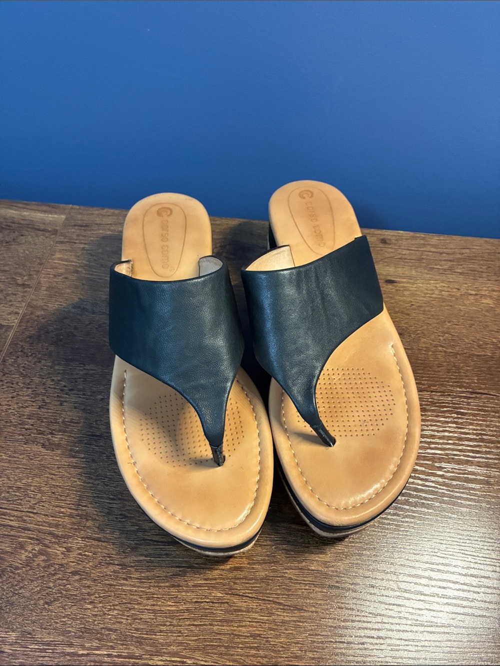 Corso Como Women's Black Leather Thong Sandals with Tan Footbed
